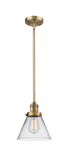 201S-BB-G42 Stem Hung 8" Brushed Brass Mini Pendant - Clear Large Cone Glass - LED Bulb - Dimmensions: 8 x 8 x 10<br>Minimum Height : 18.5<br>Maximum Height : 42.5 - Sloped Ceiling Compatible: Yes