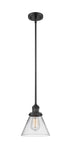 201S-BK-G42 Stem Hung 8" Matte Black Mini Pendant - Clear Large Cone Glass - LED Bulb - Dimmensions: 8 x 8 x 10<br>Minimum Height : 18.5<br>Maximum Height : 42.5 - Sloped Ceiling Compatible: Yes
