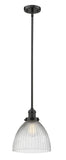 201S-OB-G222 Stem Hung 9.5" Oil Rubbed Bronze Mini Pendant - Clear Halophane Seneca Falls Glass - LED Bulb - Dimmensions: 9.5 x 9.5 x 12<br>Minimum Height : 20.5<br>Maximum Height : 44.5 - Sloped Ceiling Compatible: Yes