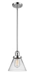 201S-PC-G42 Stem Hung 8" Polished Chrome Mini Pendant - Clear Large Cone Glass - LED Bulb - Dimmensions: 8 x 8 x 10<br>Minimum Height : 18.5<br>Maximum Height : 42.5 - Sloped Ceiling Compatible: Yes