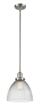 201S-PN-G222 Stem Hung 9.5" Polished Nickel Mini Pendant - Clear Halophane Seneca Falls Glass - LED Bulb - Dimmensions: 9.5 x 9.5 x 12<br>Minimum Height : 20.5<br>Maximum Height : 44.5 - Sloped Ceiling Compatible: Yes