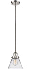 201S-PN-G42 Stem Hung 8" Polished Nickel Mini Pendant - Clear Large Cone Glass - LED Bulb - Dimmensions: 8 x 8 x 10<br>Minimum Height : 18.5<br>Maximum Height : 42.5 - Sloped Ceiling Compatible: Yes