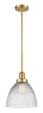 201S-SG-G222 Stem Hung 9.5" Satin Gold Mini Pendant - Clear Halophane Seneca Falls Glass - LED Bulb - Dimmensions: 9.5 x 9.5 x 12<br>Minimum Height : 20.5<br>Maximum Height : 44.5 - Sloped Ceiling Compatible: Yes