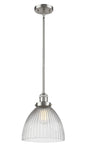 201S-SN-G222 Stem Hung 9.5" Brushed Satin Nickel Mini Pendant - Clear Halophane Seneca Falls Glass - LED Bulb - Dimmensions: 9.5 x 9.5 x 12<br>Minimum Height : 20.5<br>Maximum Height : 44.5 - Sloped Ceiling Compatible: Yes