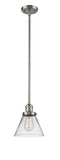 201S-SN-G42 Stem Hung 8" Brushed Satin Nickel Mini Pendant - Clear Large Cone Glass - LED Bulb - Dimmensions: 8 x 8 x 10<br>Minimum Height : 18.5<br>Maximum Height : 42.5 - Sloped Ceiling Compatible: Yes