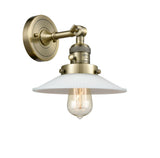 203SW-AB-G1 1-Light 8.5" Antique Brass Sconce - White Halophane Glass - LED Bulb - Dimmensions: 8.5 x 11 x 8 - Glass Up or Down: Yes