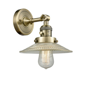 203SW-AB-G2 1-Light 8.5" Antique Brass Sconce - Clear Halophane Glass - LED Bulb - Dimmensions: 8.5 x 11 x 8 - Glass Up or Down: Yes