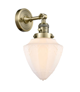 203SW-AB-G661-7 1-Light 7" Antique Brass Sconce - Matte White Cased Small Bullet Glass - LED Bulb - Dimmensions: 7 x 8.625 x 15 - Glass Up or Down: Yes