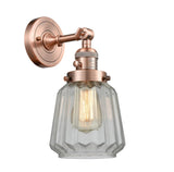 203SW-AC-G142 1-Light 7" Antique Copper Sconce - Clear Chatham Glass - LED Bulb - Dimmensions: 7 x 9 x 12 - Glass Up or Down: Yes