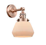 203SW-AC-G171 1-Light 7" Antique Copper Sconce - Matte White Cased Fulton Glass - LED Bulb - Dimmensions: 7 x 9 x 11 - Glass Up or Down: Yes