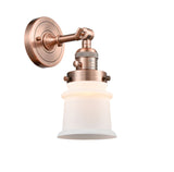203SW-AC-G181S 1-Light 6.5" Antique Copper Sconce - Matte White Small Canton Glass - LED Bulb - Dimmensions: 6.5 x 9 x 11 - Glass Up or Down: Yes