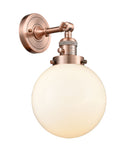 203SW-AC-G201-8 1-Light 8" Antique Copper Sconce - Matte White Cased Beacon Glass - LED Bulb - Dimmensions: 8 x 9.125 x 14 - Glass Up or Down: Yes