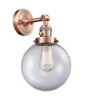 203SW-AC-G202-8 1-Light 8" Antique Copper Sconce - Clear Beacon Glass - LED Bulb - Dimmensions: 8 x 9.125 x 14 - Glass Up or Down: Yes