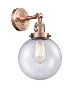 203SW-AC-G204-8 1-Light 8" Antique Copper Sconce - Seedy Beacon Glass - LED Bulb - Dimmensions: 8 x 9.125 x 14 - Glass Up or Down: Yes