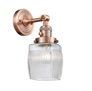 203SW-AC-G302 1-Light 5.5" Antique Copper Sconce - Thick Clear Halophane Colton Glass - LED Bulb - Dimmensions: 5.5 x 7 x 11 - Glass Up or Down: Yes