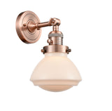 203SW-AC-G321 1-Light 6.75" Antique Copper Sconce - Matte White Olean Glass - LED Bulb - Dimmensions: 6.75 x 9.375 x 7.75 - Glass Up or Down: Yes