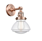 203SW-AC-G322 1-Light 6.75" Antique Copper Sconce - Clear Olean Glass - LED Bulb - Dimmensions: 6.75 x 9.375 x 7.75 - Glass Up or Down: Yes