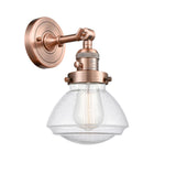 203SW-AC-G324 1-Light 6.75" Antique Copper Sconce - Seedy Olean Glass - LED Bulb - Dimmensions: 6.75 x 9.375 x 7.75 - Glass Up or Down: Yes