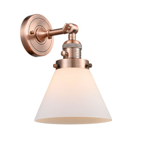 203SW-AC-G41 1-Light 8" Antique Copper Sconce - Matte White Cased Large Cone Glass - LED Bulb - Dimmensions: 8 x 9 x 10 - Glass Up or Down: Yes