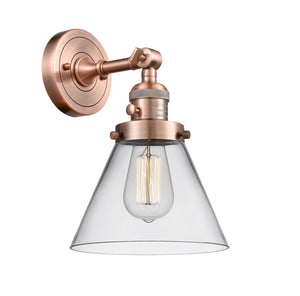 203SW-AC-G42 1-Light 8" Antique Copper Sconce - Clear Large Cone Glass - LED Bulb - Dimmensions: 8 x 9 x 10 - Glass Up or Down: Yes