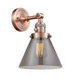 203SW-AC-G43 1-Light 8" Antique Copper Sconce - Plated Smoke Large Cone Glass - LED Bulb - Dimmensions: 8 x 9 x 10 - Glass Up or Down: Yes
