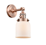 203SW-AC-G51 1-Light 5" Antique Copper Sconce - Matte White Cased Small Bell Glass - LED Bulb - Dimmensions: 5 x 7 x 10 - Glass Up or Down: Yes