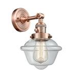 203SW-AC-G532 1-Light 7.5" Antique Copper Sconce - Clear Small Oxford Glass - LED Bulb - Dimmensions: 7.5 x 9 x 12 - Glass Up or Down: Yes