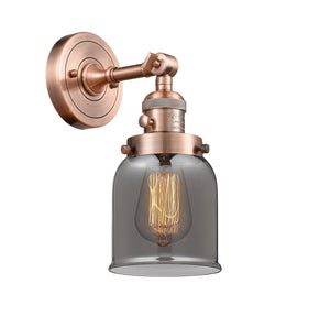 203SW-AC-G53 1-Light 5" Antique Copper Sconce - Plated Smoke Small Bell Glass - LED Bulb - Dimmensions: 5 x 7 x 10 - Glass Up or Down: Yes
