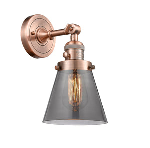 203SW-AC-G63 1-Light 6.25" Antique Copper Sconce - Plated Smoke Small Cone Glass - LED Bulb - Dimmensions: 6.25 x 8 x 10 - Glass Up or Down: Yes