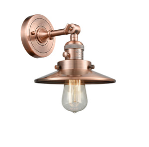 203SW-AC-M3 1-Light 8" Antique Copper Sconce - Antique Copper Railroad Shade - LED Bulb - Dimmensions: 8 x 9 x 8 - Glass Up or Down: Yes