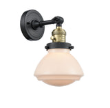 203SW-BAB-G321 1-Light 6.75" Black Antique Brass Sconce - Matte White Olean Glass - LED Bulb - Dimmensions: 6.75 x 9.375 x 7.75 - Glass Up or Down: Yes