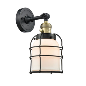 203SW-BAB-G51-CE 1-Light 6" Black Antique Brass Sconce - Matte White Cased Small Bell Cage Glass - LED Bulb - Dimmensions: 6 x 8 x 12 - Glass Up or Down: Yes