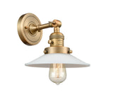203SW-BB-G1 1-Light 8.5" Brushed Brass Sconce - White Halophane Glass - LED Bulb - Dimmensions: 8.5 x 11 x 8 - Glass Up or Down: Yes