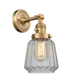 203SW-BB-G142 1-Light 7" Brushed Brass Sconce - Clear Chatham Glass - LED Bulb - Dimmensions: 7 x 9 x 12 - Glass Up or Down: Yes
