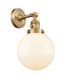 203SW-BB-G201-8 1-Light 8" Brushed Brass Sconce - Matte White Cased Beacon Glass - LED Bulb - Dimmensions: 8 x 9.125 x 14 - Glass Up or Down: Yes
