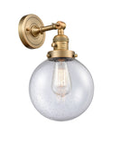 203SW-BB-G204-8 1-Light 8" Brushed Brass Sconce - Seedy Beacon Glass - LED Bulb - Dimmensions: 8 x 9.125 x 14 - Glass Up or Down: Yes