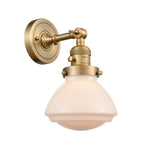 203SW-BB-G321 1-Light 6.75" Brushed Brass Sconce - Matte White Olean Glass - LED Bulb - Dimmensions: 6.75 x 9.375 x 7.75 - Glass Up or Down: Yes