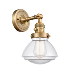 203SW-BB-G322 1-Light 6.75" Brushed Brass Sconce - Clear Olean Glass - LED Bulb - Dimmensions: 6.75 x 9.375 x 7.75 - Glass Up or Down: Yes