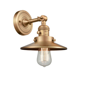 203SW-BB-M4 1-Light 8" Brushed Brass Sconce - Brushed Brass Railroad Shade - LED Bulb - Dimmensions: 8 x 9 x 8 - Glass Up or Down: Yes