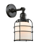 203SW-BK-G51-CE 1-Light 6" Matte Black Sconce - Matte White Cased Small Bell Cage Glass - LED Bulb - Dimmensions: 6 x 8 x 12 - Glass Up or Down: Yes