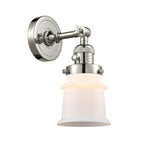 203SW-PN-G181S 1-Light 6.5" Polished Nickel Sconce - Matte White Small Canton Glass - LED Bulb - Dimmensions: 6.5 x 9 x 11 - Glass Up or Down: Yes