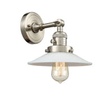 203SW-SN-G1 1-Light 8.5" Brushed Satin Nickel Sconce - White Halophane Glass - LED Bulb - Dimmensions: 8.5 x 11 x 8 - Glass Up or Down: Yes