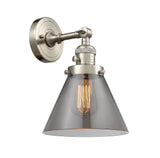 203SW-SN-G43 1-Light 8" Brushed Satin Nickel Sconce - Plated Smoke Large Cone Glass - LED Bulb - Dimmensions: 8 x 9 x 10 - Glass Up or Down: Yes