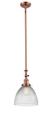 206-AC-G222 Stem Hung 9.5" Antique Copper Mini Pendant - Clear Halophane Seneca Falls Glass - LED Bulb - Dimmensions: 9.5 x 9.5 x 14.625<br>Minimum Height : 25.125<br>Maximum Height : 49.25 - Sloped Ceiling Compatible: Yes