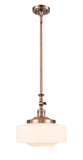 206-AC-G691-12 Stem Hung 12" Antique Copper Mini Pendant - Matte White Cased Large Bridgeton Glass - LED Bulb - Dimmensions: 12 x 12 x 12<br>Minimum Height : 21<br>Maximum Height : 45 - Sloped Ceiling Compatible: Yes