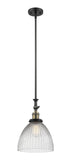 206-BAB-G222 Stem Hung 9.5" Black Antique Brass Mini Pendant - Clear Halophane Seneca Falls Glass - LED Bulb - Dimmensions: 9.5 x 9.5 x 14.625<br>Minimum Height : 25.125<br>Maximum Height : 49.25 - Sloped Ceiling Compatible: Yes