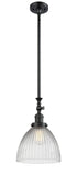 206-BK-G222 Stem Hung 9.5" Matte Black Mini Pendant - Clear Halophane Seneca Falls Glass - LED Bulb - Dimmensions: 9.5 x 9.5 x 14.625<br>Minimum Height : 25.125<br>Maximum Height : 49.25 - Sloped Ceiling Compatible: Yes