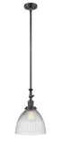 206-OB-G222 Stem Hung 9.5" Oil Rubbed Bronze Mini Pendant - Clear Halophane Seneca Falls Glass - LED Bulb - Dimmensions: 9.5 x 9.5 x 14.625<br>Minimum Height : 25.125<br>Maximum Height : 49.25 - Sloped Ceiling Compatible: Yes