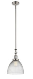 206-PN-G222 Stem Hung 9.5" Polished Nickel Mini Pendant - Clear Halophane Seneca Falls Glass - LED Bulb - Dimmensions: 9.5 x 9.5 x 14.625<br>Minimum Height : 25.125<br>Maximum Height : 49.25 - Sloped Ceiling Compatible: Yes