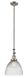 206-SN-G222 Stem Hung 9.5" Brushed Satin Nickel Mini Pendant - Clear Halophane Seneca Falls Glass - LED Bulb - Dimmensions: 9.5 x 9.5 x 14.625<br>Minimum Height : 25.125<br>Maximum Height : 49.25 - Sloped Ceiling Compatible: Yes